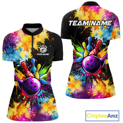 Colorful bowling jerseys Women Bowling Polo, 1/4 Zip Shirt Custom Bowling Team shirts for bowlers NQS10241