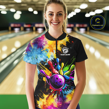 Colorful bowling jerseys Women Bowling Polo, 1/4 Zip Shirt Custom Bowling Team shirts for bowlers NQS10241