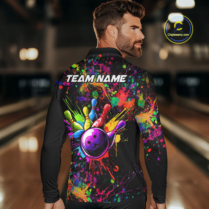 Colorful watercolor Bowling Polo, 1/4 Zip Shirt for mens Custom Bowling Team jersey for bowlers NQS10242