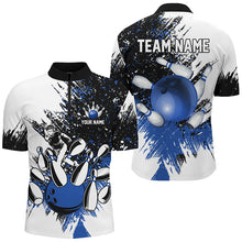 Load image into Gallery viewer, Black and White Men Bowling Polo, Quarter Zip Shirt Custom bowling jerseys, mens bowling outfit | Blue NQS8430