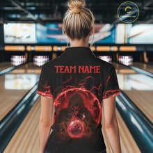 Load image into Gallery viewer, Women bowling polo, 1/4 zip shirts Custom red flame skull bowling team jerseys, gift for Bowlers NQS10612