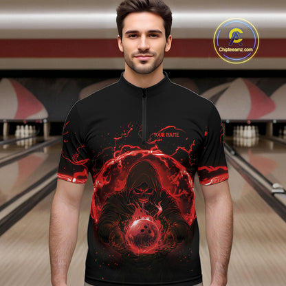Mens bowling polo, 1/4 zip shirts Custom red flame skull bowling team jerseys, gift for Bowlers NQS10612