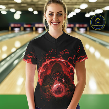 Women bowling polo, 1/4 zip shirts Custom red flame skull bowling team jerseys, gift for Bowlers NQS10612