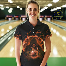 Load image into Gallery viewer, Women bowling polo, 1/4 zip shirts Custom orange flame skull bowling team jerseys, gift for Bowlers NQS10613