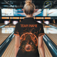 Load image into Gallery viewer, Women bowling polo, 1/4 zip shirts Custom orange flame skull bowling team jerseys, gift for Bowlers NQS10613