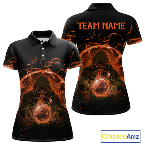 Women bowling polo, 1/4 zip shirts Custom orange flame skull bowling team jerseys, gift for Bowlers NQS10613