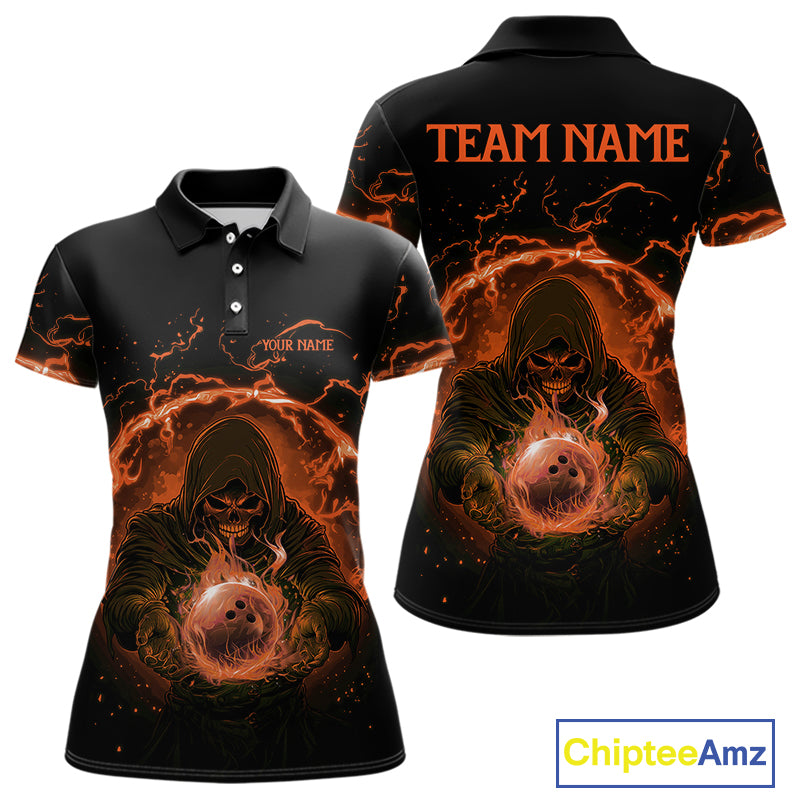Women bowling polo, 1/4 zip shirts Custom orange flame skull bowling team jerseys, gift for Bowlers NQS10613