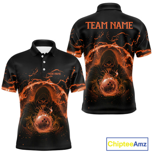 Mens bowling polo, 1/4 zip shirts Custom orange flame skull bowling team jerseys, gift for Bowlers NQS10613
