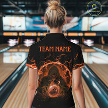 Load image into Gallery viewer, Women bowling polo, 1/4 zip shirts Custom orange flame skull bowling team jerseys, gift for Bowlers NQS10613