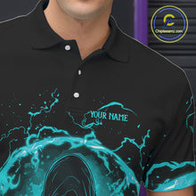 Load image into Gallery viewer, Mens bowling polo, 1/4 zip shirts Custom cyan blue flame skull bowling team jerseys, gift for Bowlers NQS10614