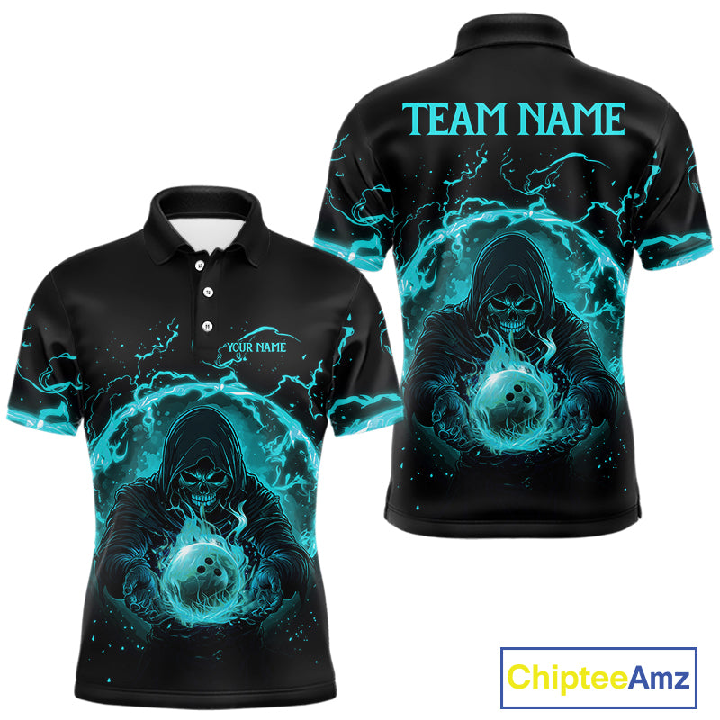 Mens bowling polo, 1/4 zip shirts Custom cyan blue flame skull bowling team jerseys, gift for Bowlers NQS10614