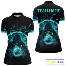 Load image into Gallery viewer, Women bowling polo, 1/4 zip shirts Custom cyan blue flame skull bowling team jersey, gift for Bowlers NQS10614