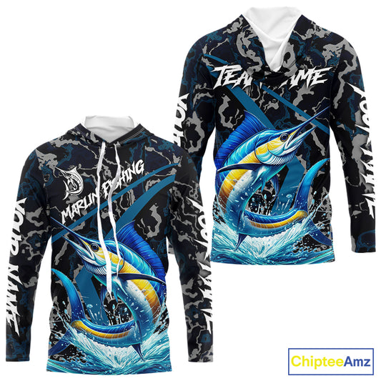 Custom Marlin Fishing Camo Long Sleeve Fishing Shirts, Personalized Marlin Fishing Team Jersey NQS10844
