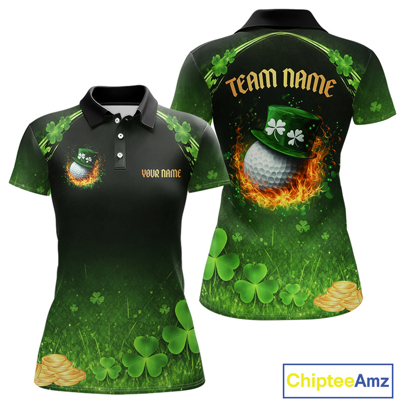 Flame golf ball green shamrock St Patrick's Day Custom couple matching men and womens golf shirts NQS11413