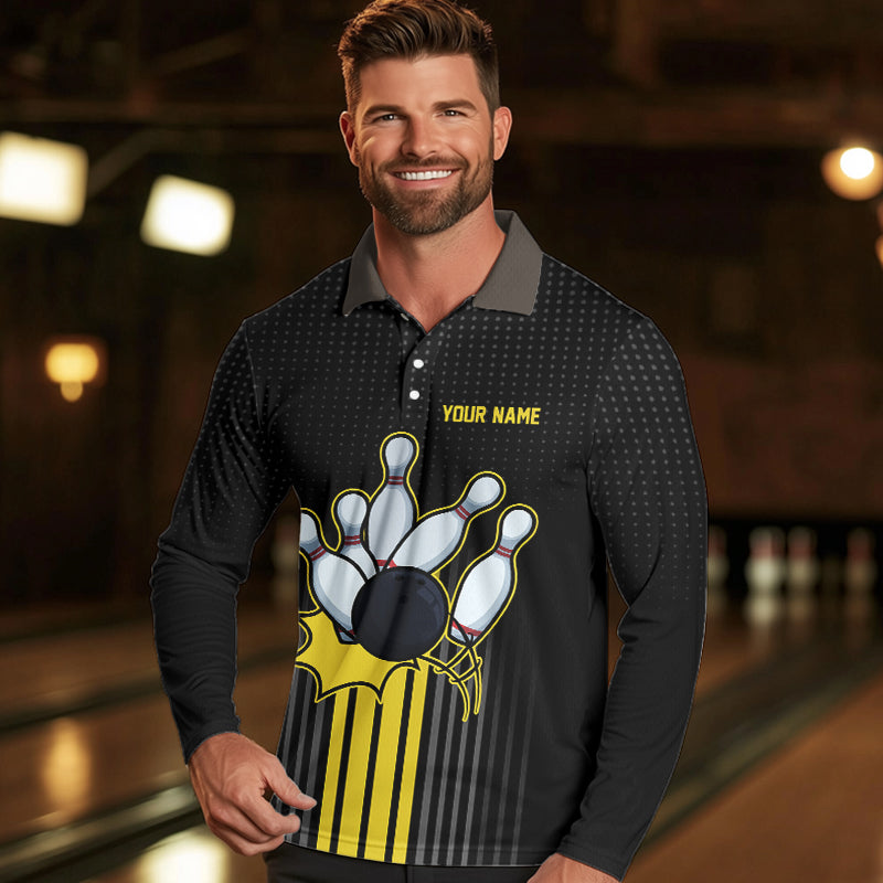 Black and Yellow Bowling Polo, Quarter Zip Shirt For Men Custom Team Mens Bowling Jersey NQS9652