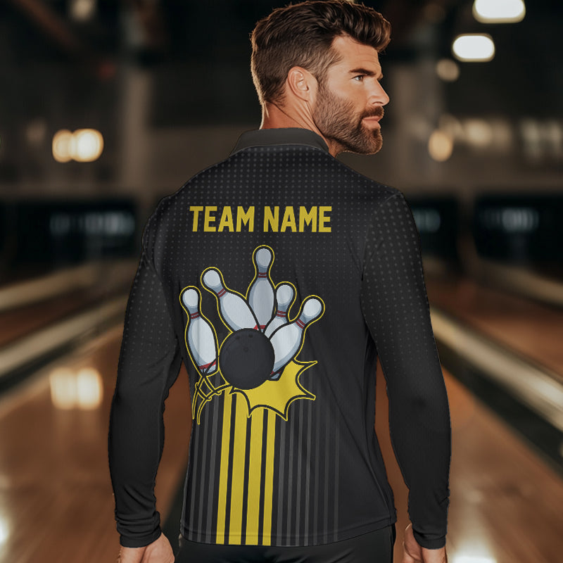 Black and Yellow Bowling Polo, Quarter Zip Shirt For Men Custom Team Mens Bowling Jersey NQS9652