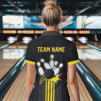 Black and Yellow Bowling Polo, Quarter Zip Shirt For Women Custom Team Ladies Bowling Jersey NQS9652