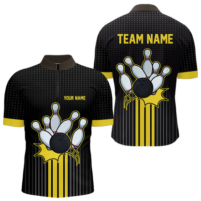 Black and Yellow Bowling Polo, Quarter Zip Shirt For Men Custom Team Mens Bowling Jersey NQS9652
