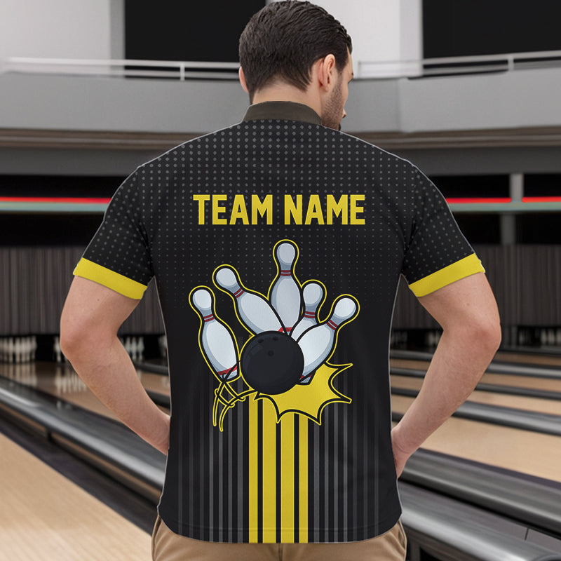 Black and Yellow Bowling Polo, Quarter Zip Shirt For Men Custom Team Mens Bowling Jersey NQS9652