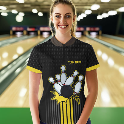 Black and Yellow Bowling Polo, Quarter Zip Shirt For Women Custom Team Ladies Bowling Jersey NQS9652