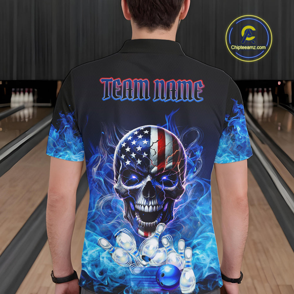 Blue Flame Smoke American Flag Eagle Skull Mens Bowling Shirts Custom Patriotic Bowling Team Jersey NQS9659
