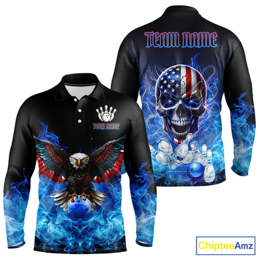Blue Flame Smoke American Flag Eagle Skull Mens Bowling Shirts Custom Patriotic Bowling Team Jersey NQS9659