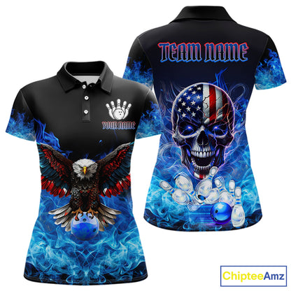 Blue Flame Smoke American Flag Eagle Skull Women Bowling Shirts Custom Patriotic Bowling Team Jersey NQS9659