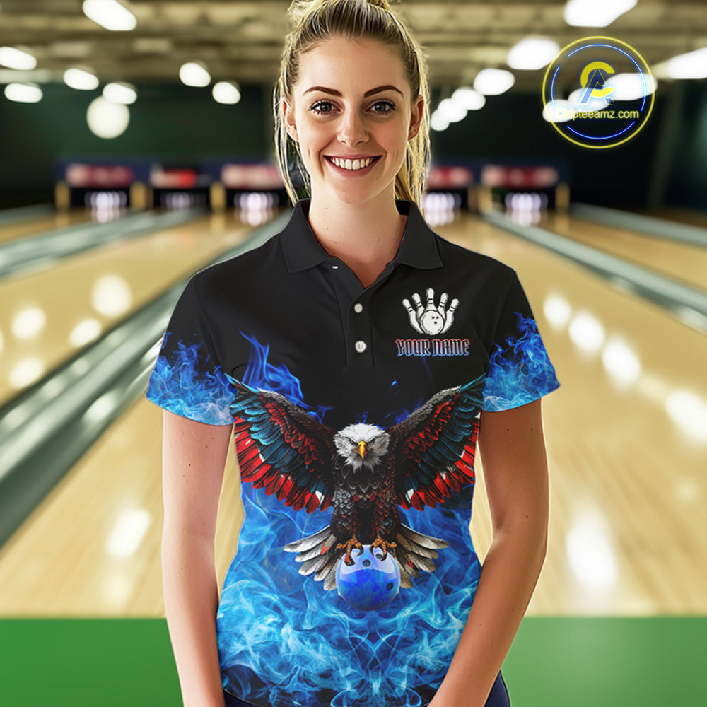 Blue Flame Smoke American Flag Eagle Skull Women Bowling Shirts Custom Patriotic Bowling Team Jersey NQS9659
