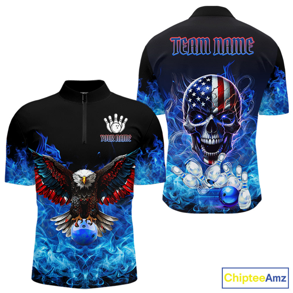 Blue Flame Smoke American Flag Eagle Skull Mens Bowling Shirts Custom Patriotic Bowling Team Jersey NQS9659