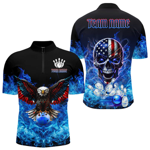 Blue Flame Smoke American Flag Eagle Skull Mens Bowling Shirts Custom Patriotic Bowling Team Jersey NQS9659