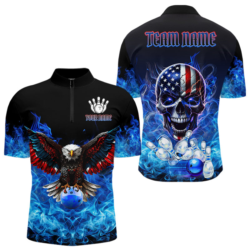 Blue Flame Smoke American Flag Eagle Skull Mens Bowling Shirts Custom Patriotic Bowling Team Jersey NQS9659