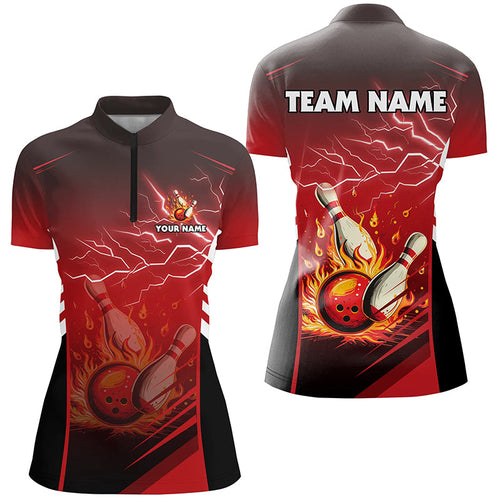 Flame bowling ball and pins lightning custom Women Bowling Quarter Zip Shirt, team bowling jersey| Red NQS7445