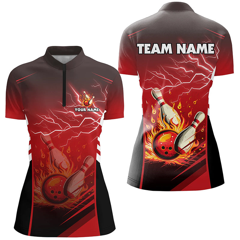 Flame bowling ball and pins lightning custom Women Bowling Quarter Zip Shirt, team bowling jersey| Red NQS7445