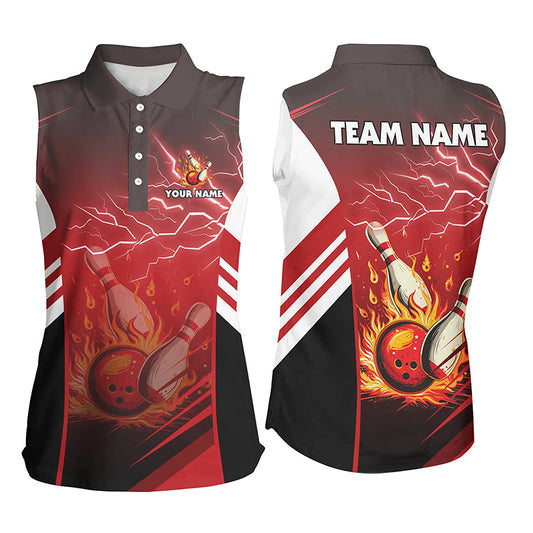 Flame bowling ball and pins lightning custom Women Bowling sleeveless Polo, team bowling jerseys | Red NQS7445