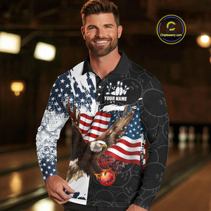 Red, White, Blue American Flag Eagle Men Bowling Shirt Custom Patriotic Black Camo Bowling Team Jersey NQS9863