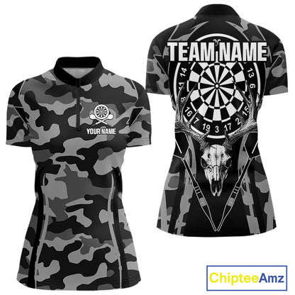 Deer Skull Darts Board Gray Camo Darts Polo, Quarter zip Shirts For Women Custom Team Darts Jersey NQS9934