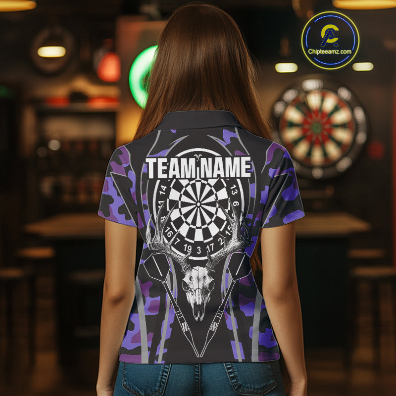 Deer Skull Darts Board Purple Camo Darts Polo, Quarter zip Shirts For Women Custom Team Darts Jersey NQS9935