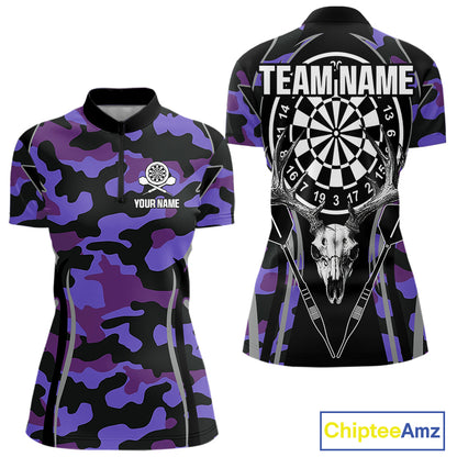 Deer Skull Darts Board Purple Camo Darts Polo, Quarter zip Shirts For Women Custom Team Darts Jersey NQS9935