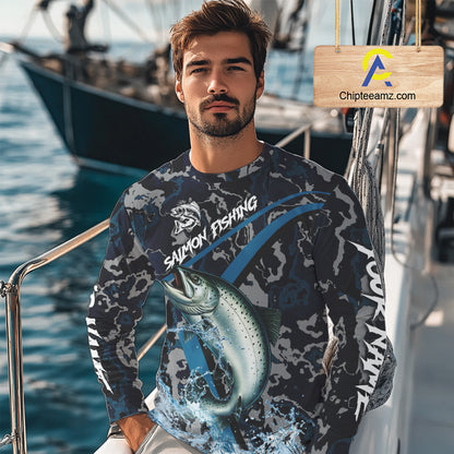 Custom Chinook Salmon Fishing Camo Long Sleeve Fishing Shirts, Personalized Salmon Fishing Team Jersey NQS9939