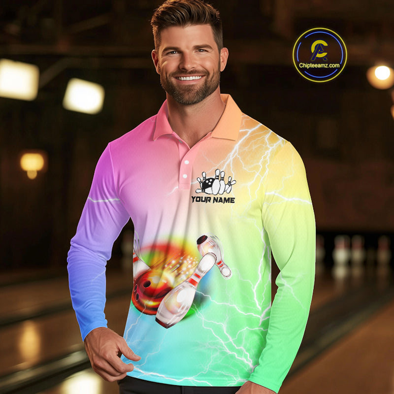 Gradient colorful rainbow lightning thunder storm Bowling Shirts for Men Custom Team Bowling jerseys NQS9941