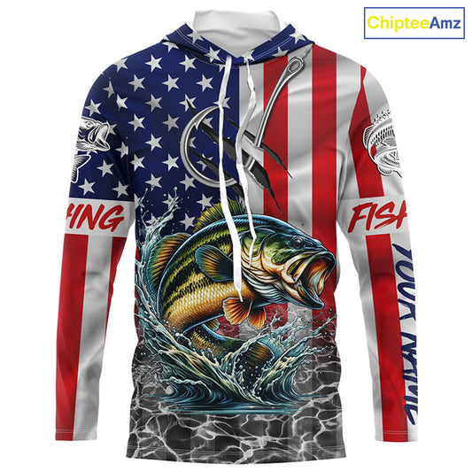 American Flag Bass Fish hook Custom long sleeve performance Fishing Shirts, Bass Fishing jerseys NQS5690