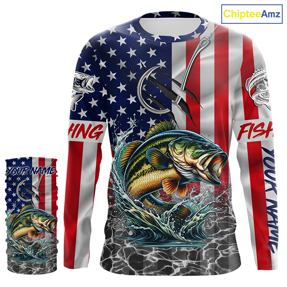 American Flag Bass Fish hook Custom long sleeve performance Fishing Shirts, Bass Fishing jerseys NQS5690