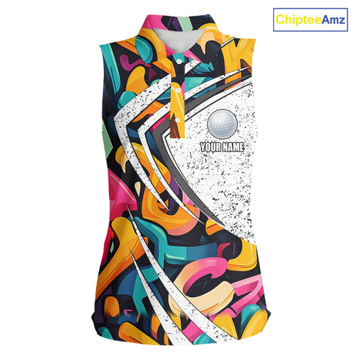 Women sleeveless golf polo shirts colorful pattern custom team golf shirts, golf tops for ladies NQS10088