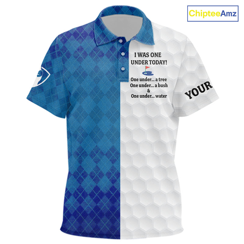 Blue argyle white Kid golf polo shirt custom I was one under today one under a tree, a bush & water NQS10090