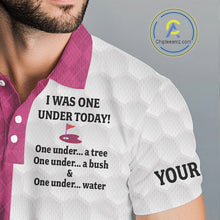 Load image into Gallery viewer, Pink argyle white Men golf polo shirt custom I was one under today one under a tree, a bush and water NQS10091