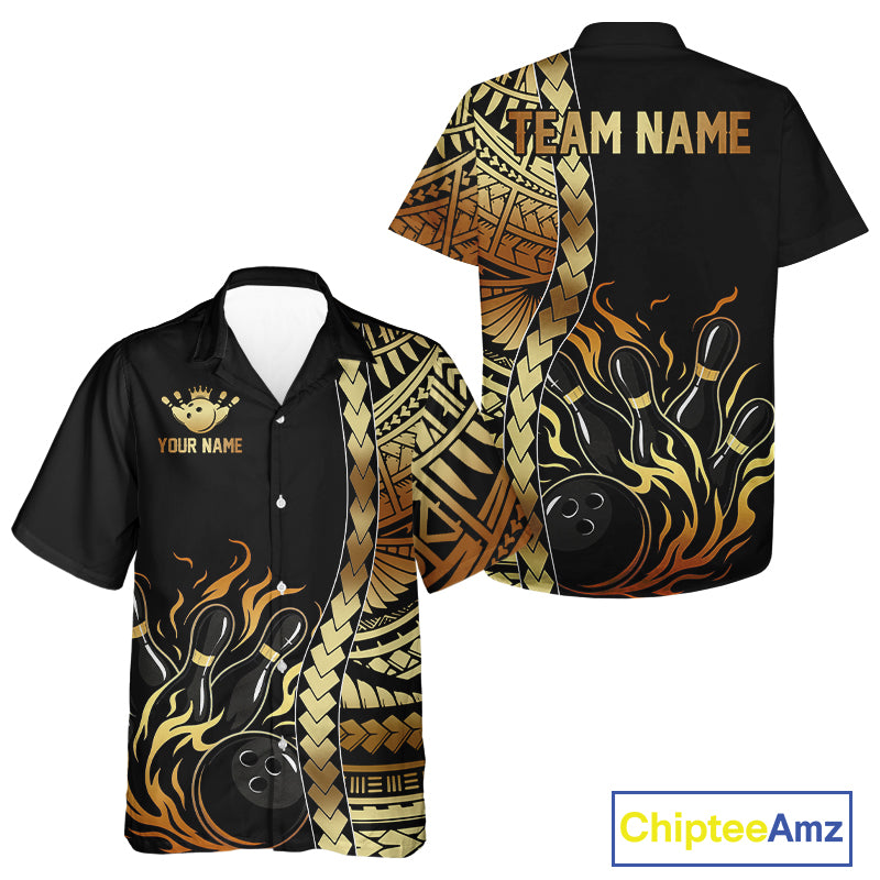 Custom Black And Gold Flame tribal pattern Bowling Team Hawaiian shirt, Bowling Button up shirt NQS10093