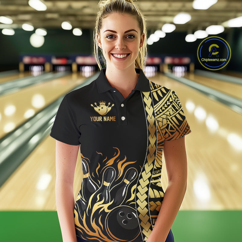 Custom Black And Gold Flame tribal pattern Bowling Team Polo, 1/4 Zip Shirt For Women, Bowling Jersey NQS10093