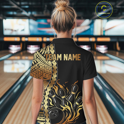 Custom Black And Gold Flame tribal pattern Bowling Team Polo, 1/4 Zip Shirt For Women, Bowling Jersey NQS10093