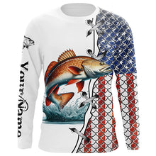 Load image into Gallery viewer, Redfish puppy drum fishing American flag patriotic 4th July Custom performance fishing shirts NQS2073