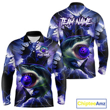 Load image into Gallery viewer, Purple Lightning thunder Shark Bowling Shirts for Men Custom Team Shark Bowling League Jersey NQS10418